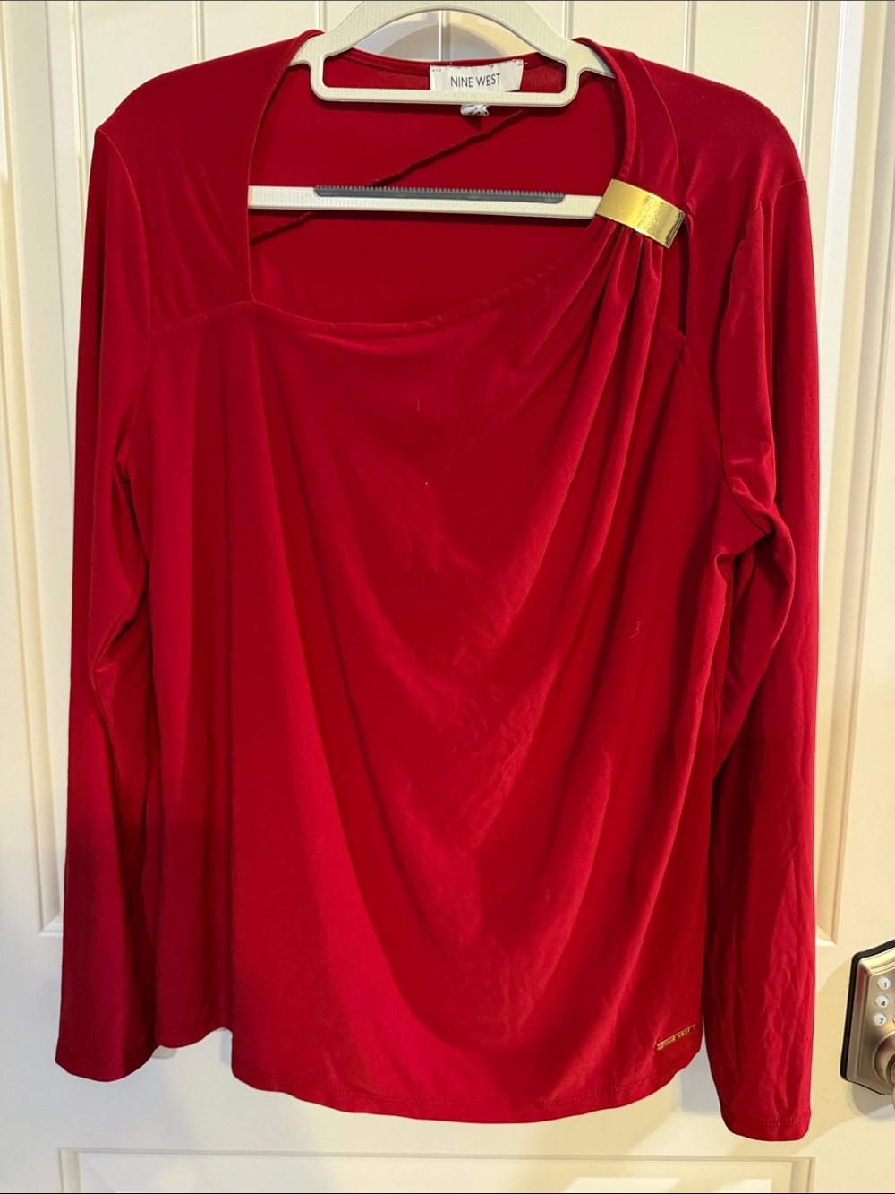 Nine West Red Long-Sleeve Drape Top with Gold Accent